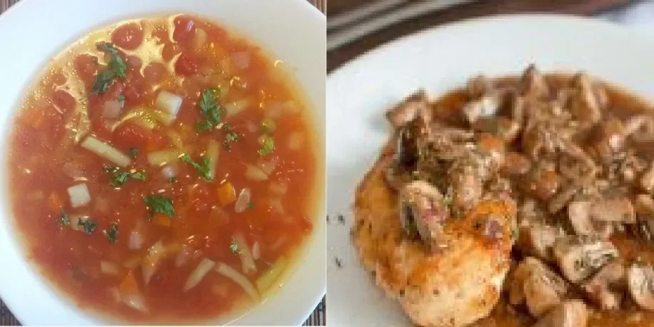 Meniu: ciorbă de legume și pui cu ciuperci — mâncare gătită, livrare în București