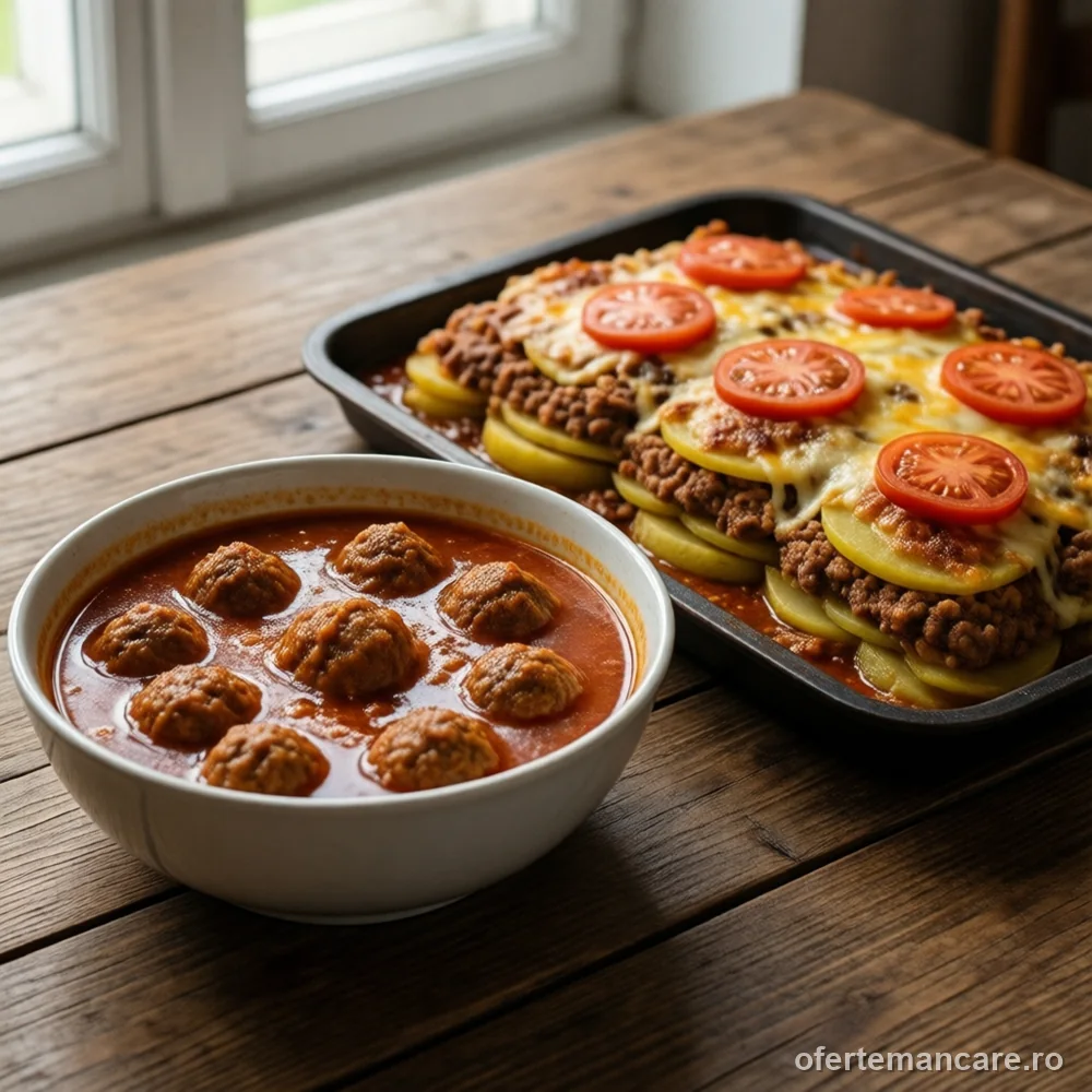 Meniu: ciorbă de perișoare și musaca de cartofi cu carne de porc — mâncare gătită, livrare în București