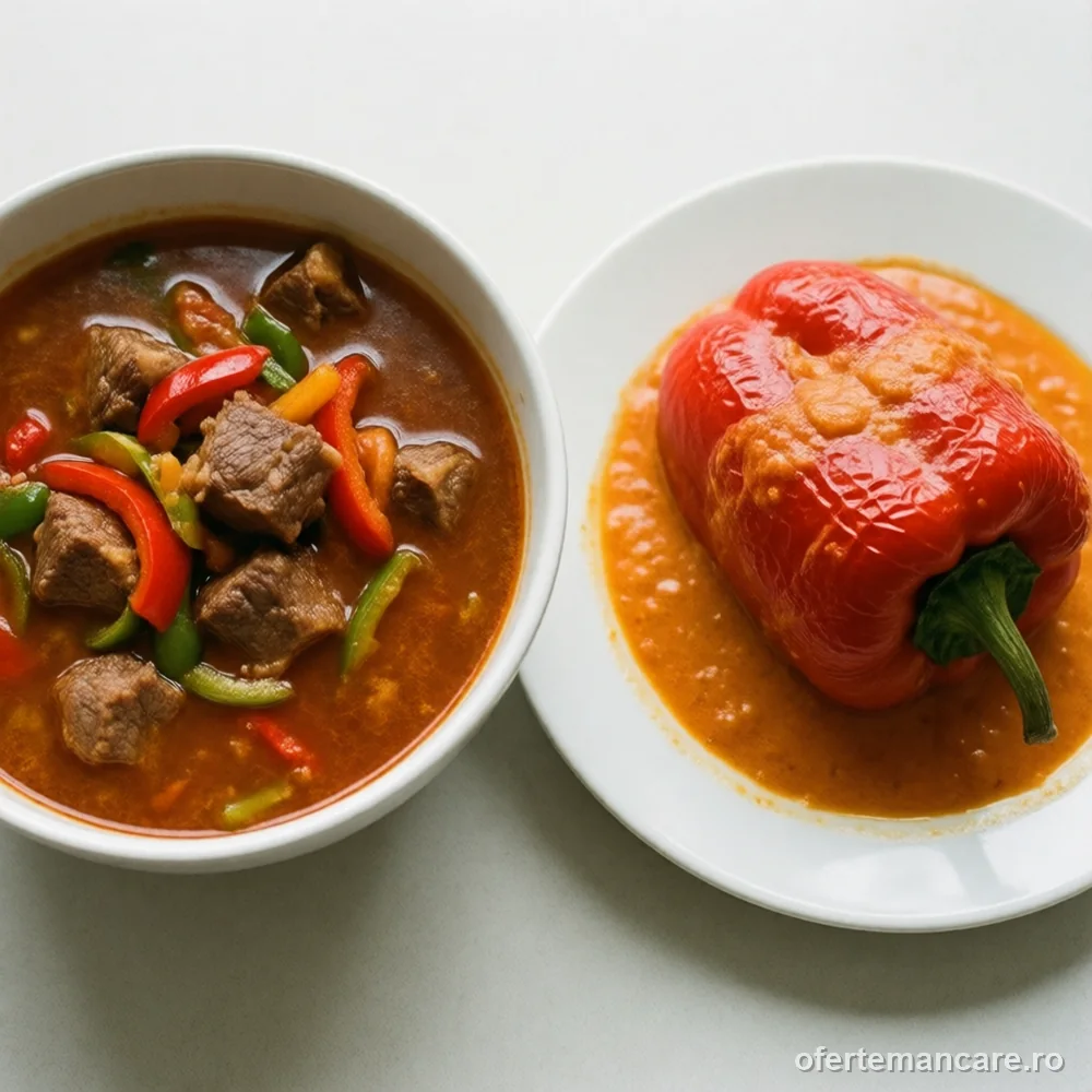 Meniu: ciorbă de văcuță și ardei umpluți cu carne de porc și vită — mâncare gătită, livrare în București