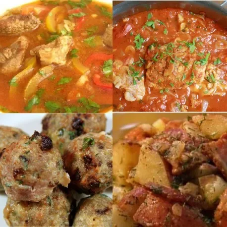 Meniu: ciorbă de văcuță, tocăniță de pui, chiftele de porc și cartofi țărănești — mâncare gătită, livrare în București