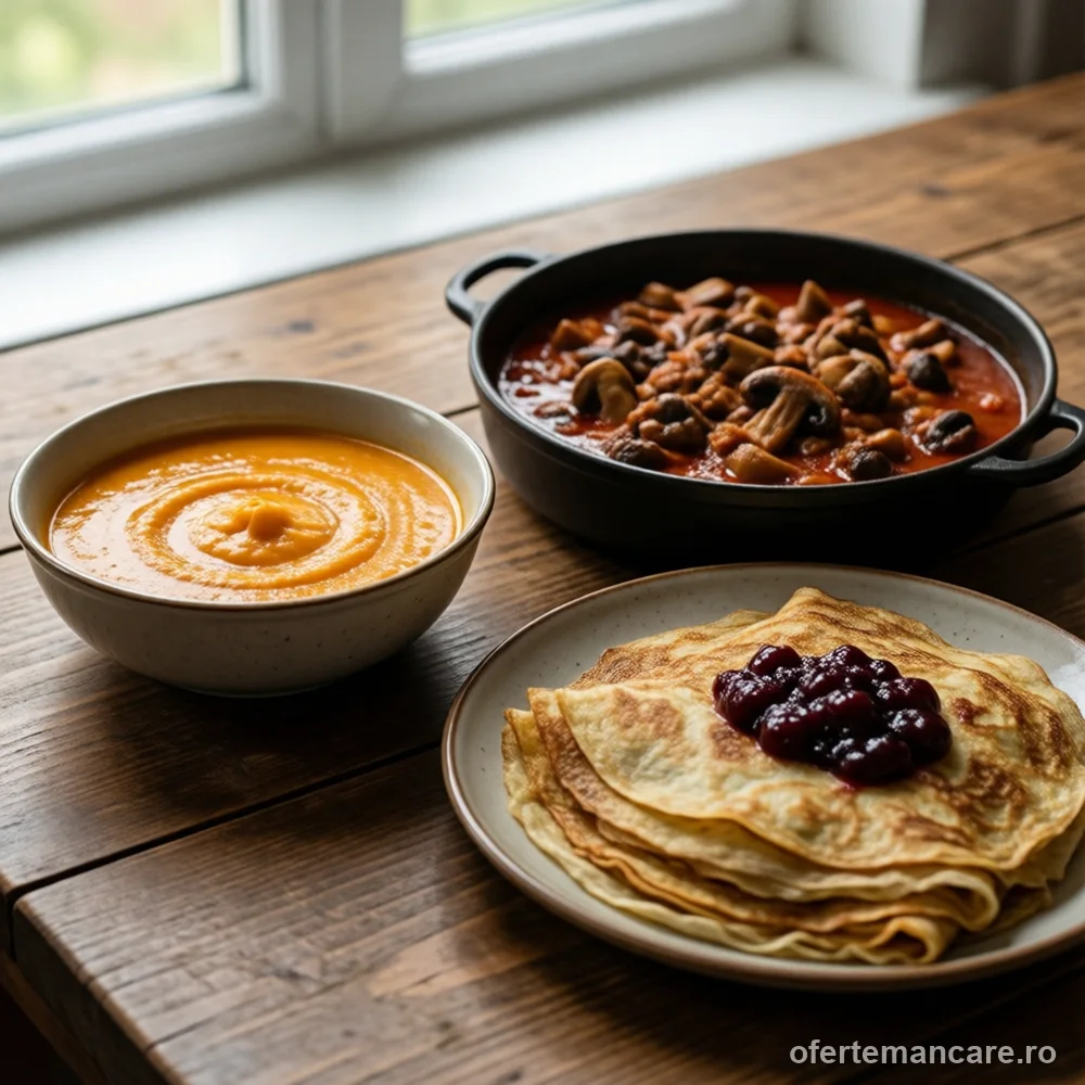 Meniu de post: cremă de legume, tocăniță de ciuperci și clătite cu dulceață de vișine — imagine de prezentare, mâncare gătită livrată în București