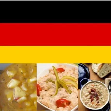 Meniu din bucătăria germană: ciorbă de cartofi, salată berlineză și fasole albă cu bacon