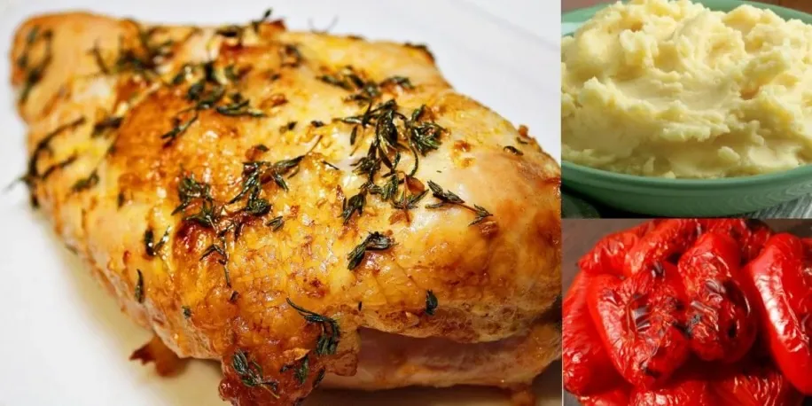 Meniu: piept de curcan la cuptor cu piure de cartofi și salată de ardei copți