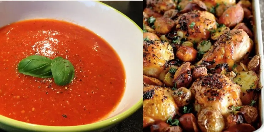 Meniu supă de roșii cu orez și pui la cuptor cu chorizo și cartofi